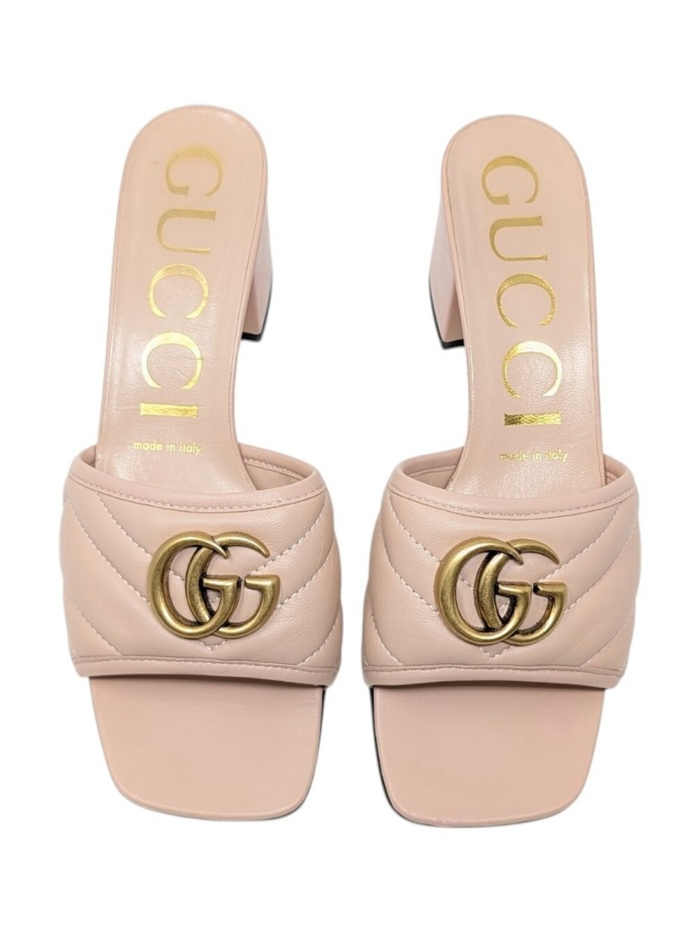Gucci Blush Pink Jolie Quilted Marmont Chevron GG Sandals Mules Size EU 37.5